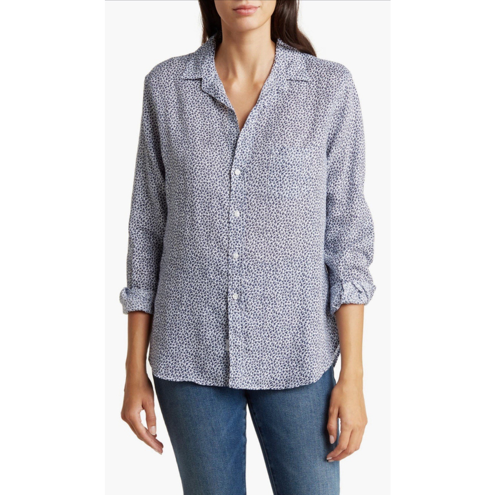 NWOT Frank & Eileen Shirt Small Eileen Linen Swallow Tail Bird AOP Print Navy
